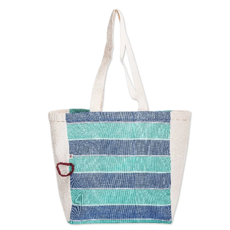 Women's tote bags mid-range -Striped Foldable Cotton Tote Bag Hand-Woven in Guatemala - Pearls