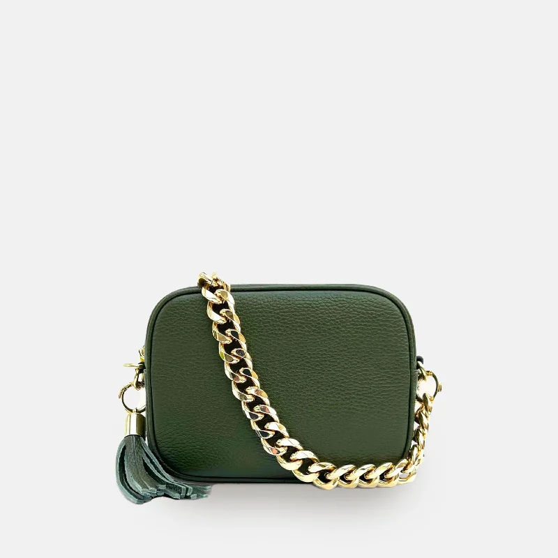 Women's crossbody bag casual essential -Olive Green Leather Crossbody Bag With Gold Chain Strap