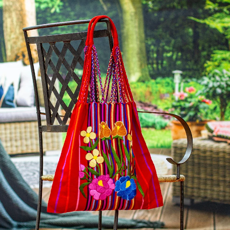 Women's tote bags sale -Handwoven Floral Cotton Tote from Mexico - Rainbow Bouquet