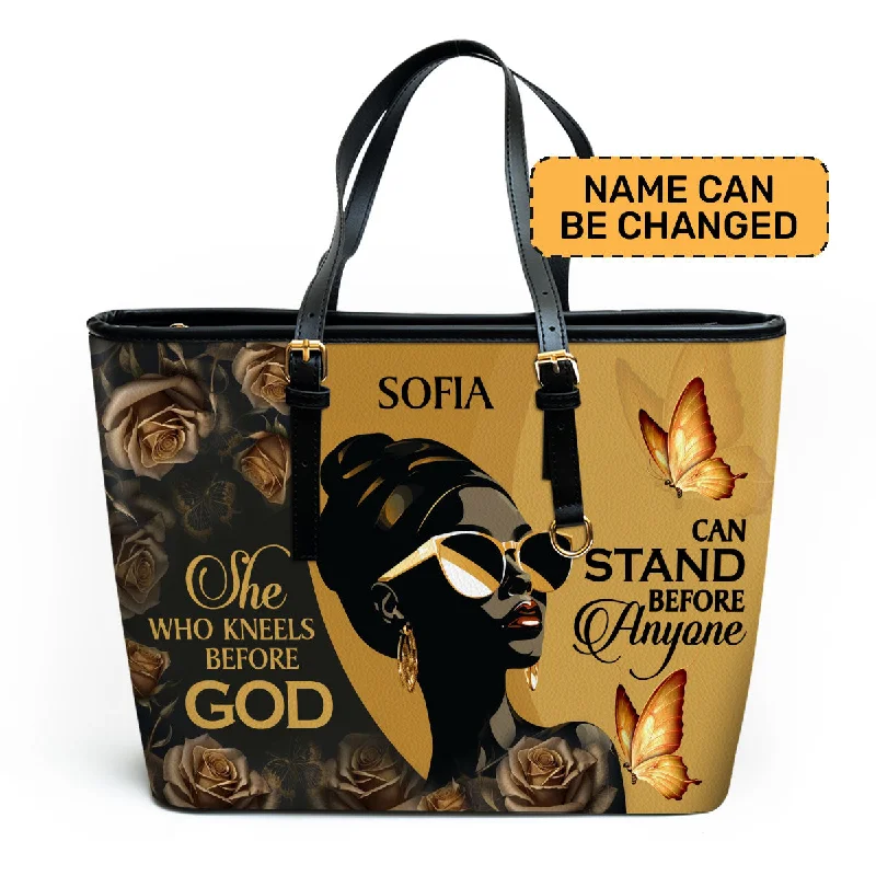 Women's tote bags embroidered -She Who Kneels Before God Can Stand Before Anyone - Personalized Leather Totebag STB10