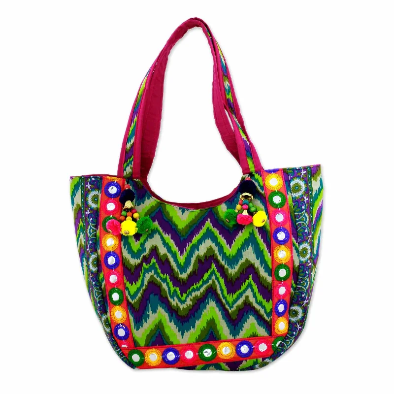 Women's tote bags shopping -Tote Handbag with Green Zigzag Motifs - Sonic Green