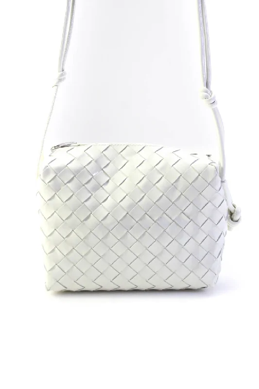 Women's crossbody bag fast-access kit -Bottega Veneta Womens Camera Intrecciato Patent Leather Crossbody Medium White Handbag