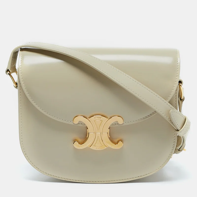 Women's crossbody bag fashion collection -Celine Off White Glossy Leather Triomphe Saddle Crossbody Bag