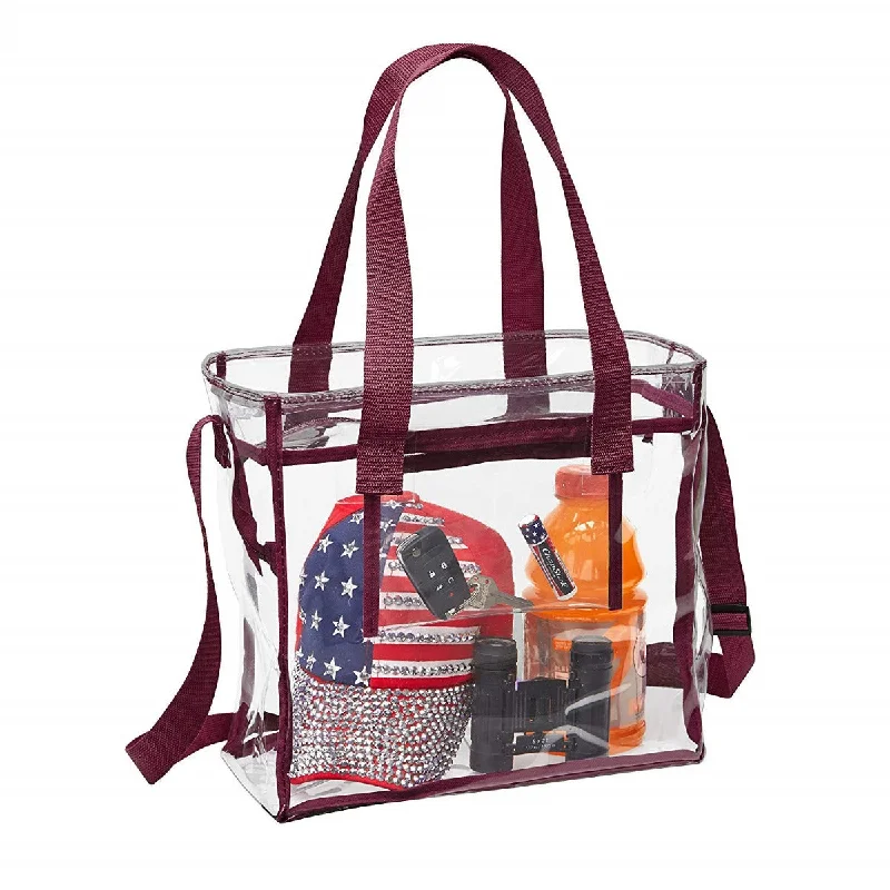 Women's tote bags solid-elegance -Deluxe Clear 12 x 12 x 6 Cross-Body Stadium Tote Bag with Zipper Closure and Interior Pocket (CH-1212A-BUR) - Burgundy Trim