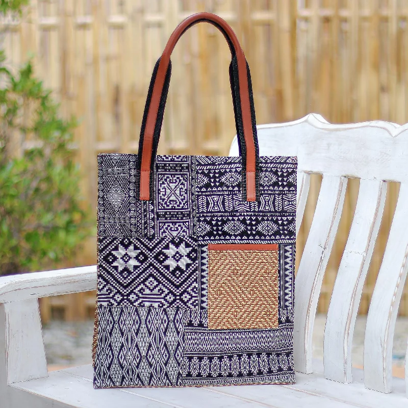 Women's tote bags small -Cotton Blend Geometric-Motif Tote Bag - Happy Day in Black