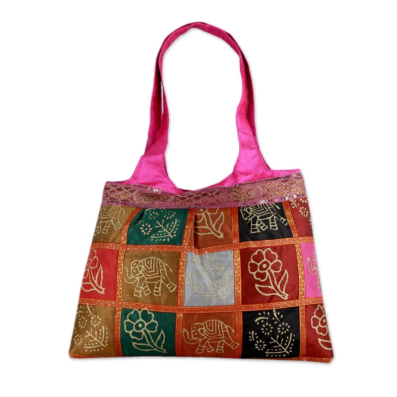 Women's tote bags travel -Hot Pink Tote Handbag with Golden Block Prints - Fuchsia in Kutch