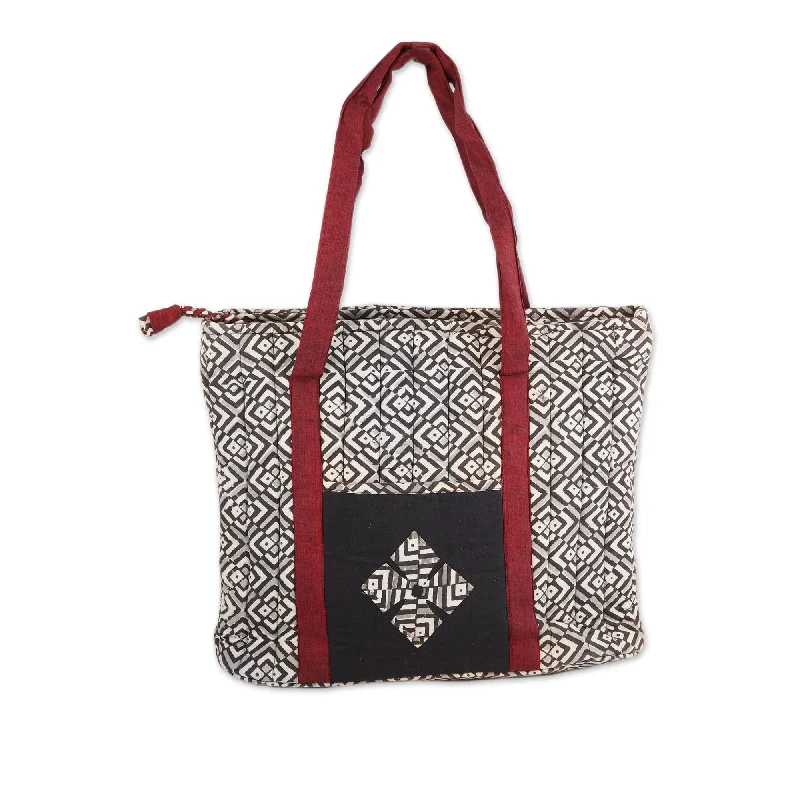 Women's tote bags beach -Quilted Cotton Tote Bag with Block-Printed Pattern - Diamond Labyrinth