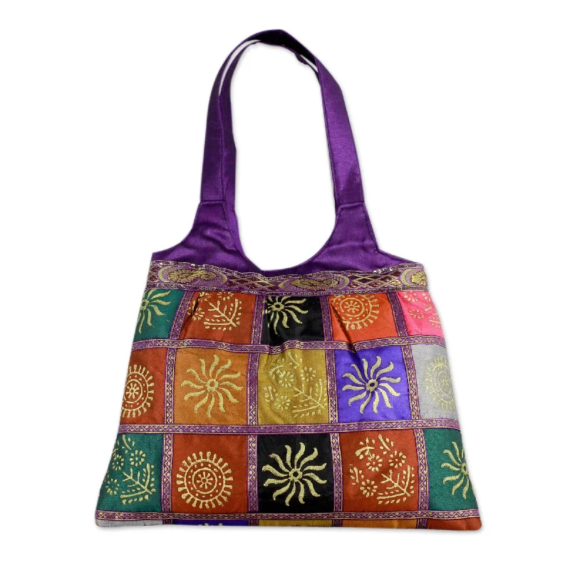 Women's tote bags bold -Purple Tote Handbag with Golden Block Prints - Purple in Kutch