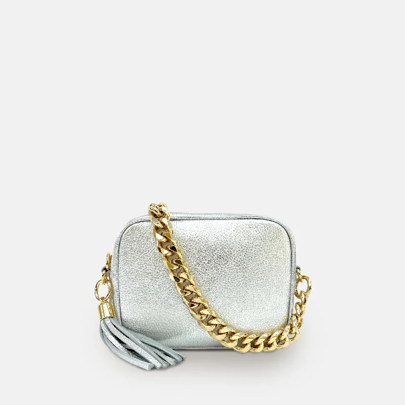 Women's crossbody bag bold hues -Silver Leather Crossbody Bag With Gold Chain Strap