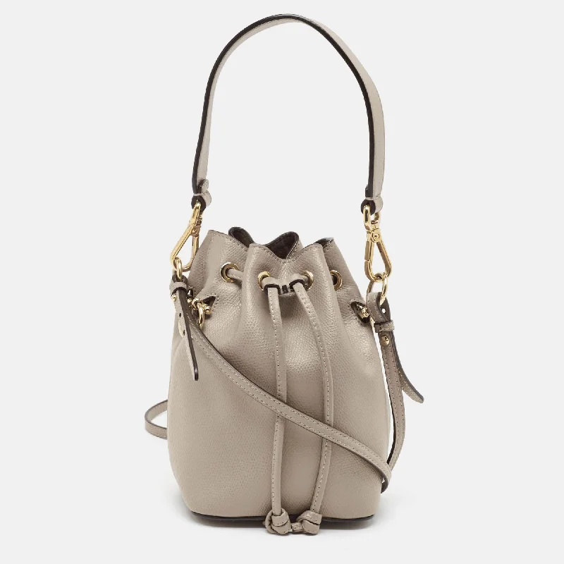 Women's bucket bag light ensemble -Fendi Grey Leather Mini Mon Tresor Drawstring Bucket Bag