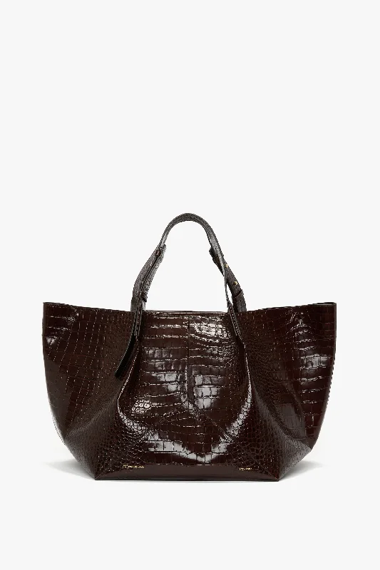 Women's tote bags nylon-durable -W11 Jumbo Tote In Dark Brown Croc Embossed Leather