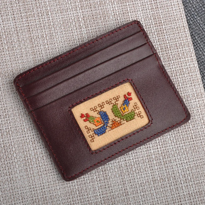 Women's wallet premium quality -Brown Leather Card Holder with Traditional Textile - Handy Prosperity