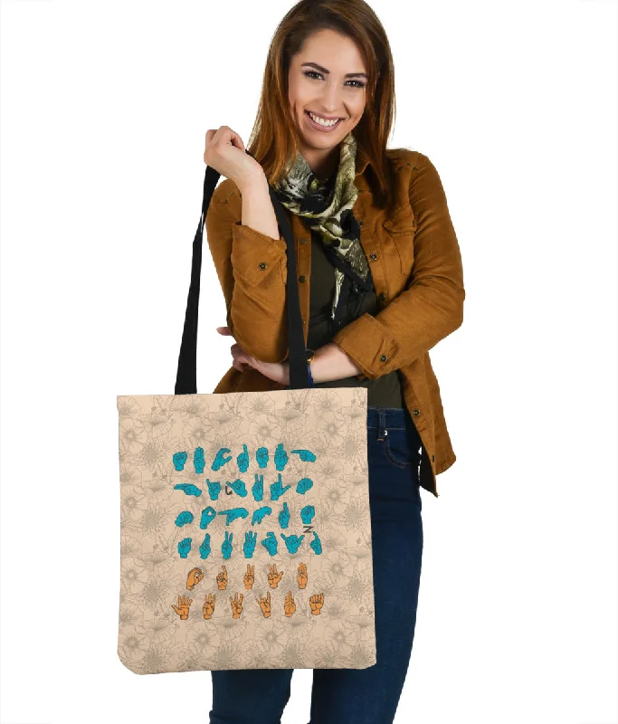 Women's tote bags beige-neutral -Floral ASL Alphabet Cloth Tote Bag