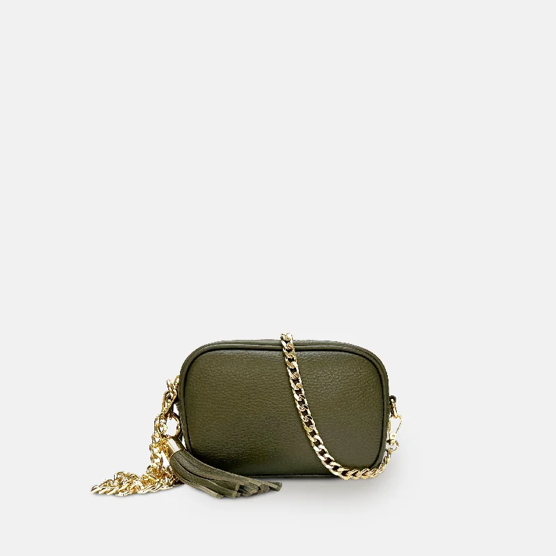 Women's crossbody bag elite elegance -The Mini Tassel Olive Green Leather Phone Bag With Gold Chain Crossbody Strap