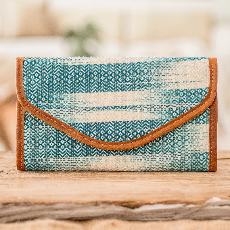 Women's wallet bold hues -Teal and White Hand-Woven Cotton Wallet with Leather Trim - Colors of Tradition in Teal